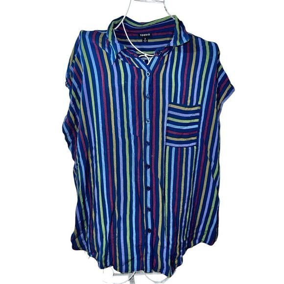 NEW WITH TAGS Torrid Shirt Womens Plus 2X Blue Striped Stretch Boho Pocket Top B - Picture 3 of 9